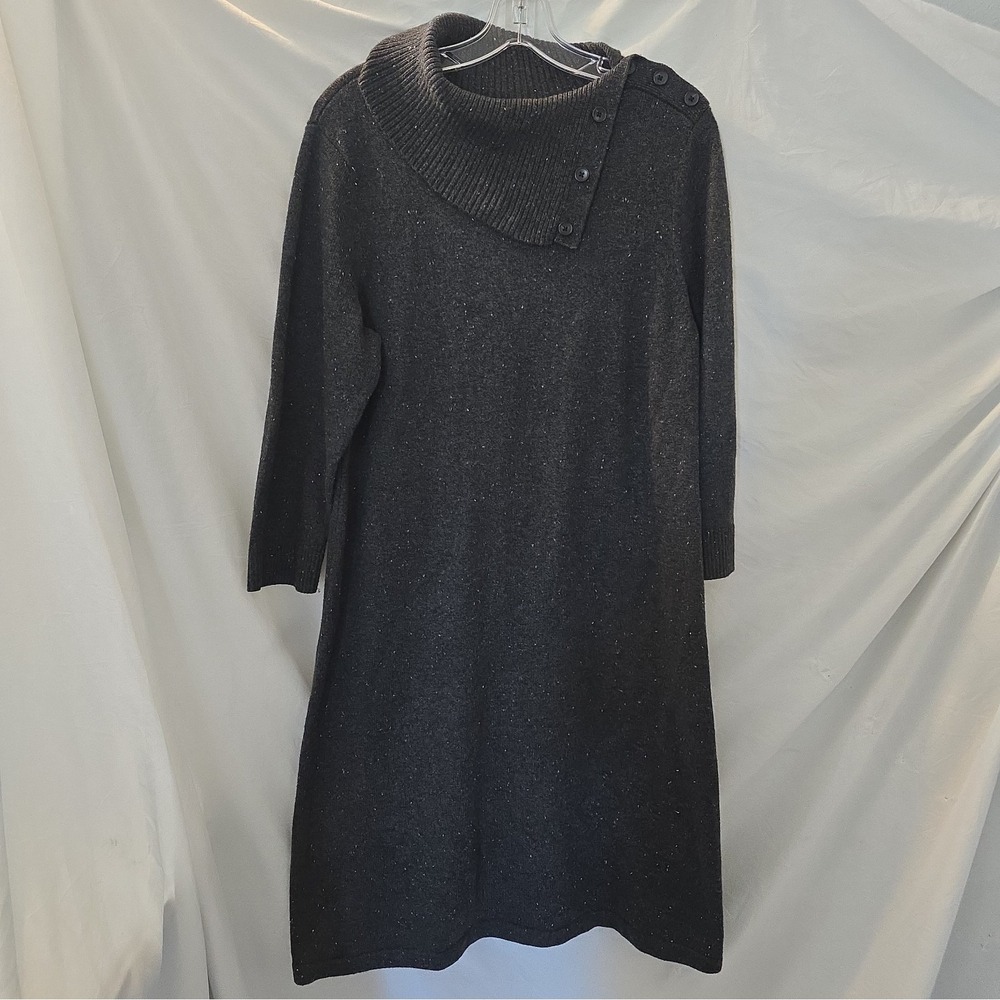 Talbots Marled Gray Tweed Mock Neck Button Detail Knit Sweater Shift Dress Sz L